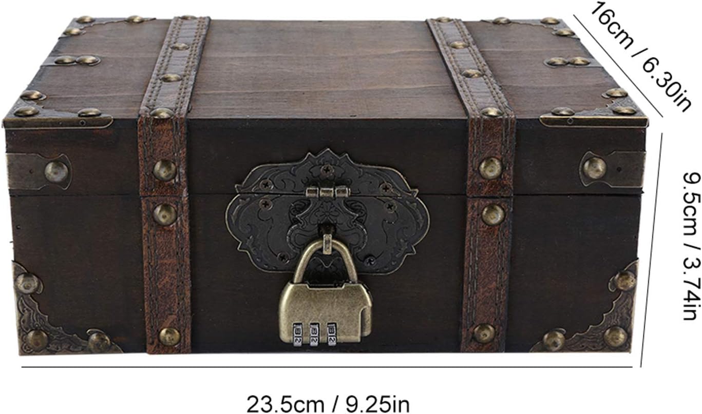 WESE Vintage Wooden Treasure Chest, Handcrafted Jewelry Storage Box with Lock, Large Capacity for Kids' Birthday Party