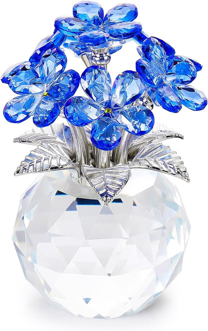 YWHL Blue Crystal Forget-Me-Not Flowers | Handmade Glass Bouquet Figurine for Tabletop Decor