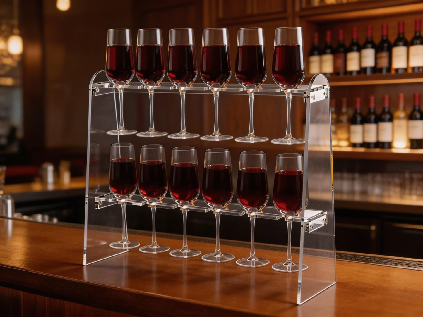 SOVQUEST Acrylic Stemware Rack, 2 Tier 12 Slot Trapezoid Champagne Wine Glass Holder, Modern Durable Countertop Bar Storage Organizer (Trapezoid)