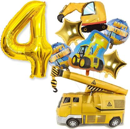 Teslite 4th 9Pcs 40 Inch 4 Bulldozer Set 4 Construction Balloons Birthday, Gold Number Balloons with Large Excavator