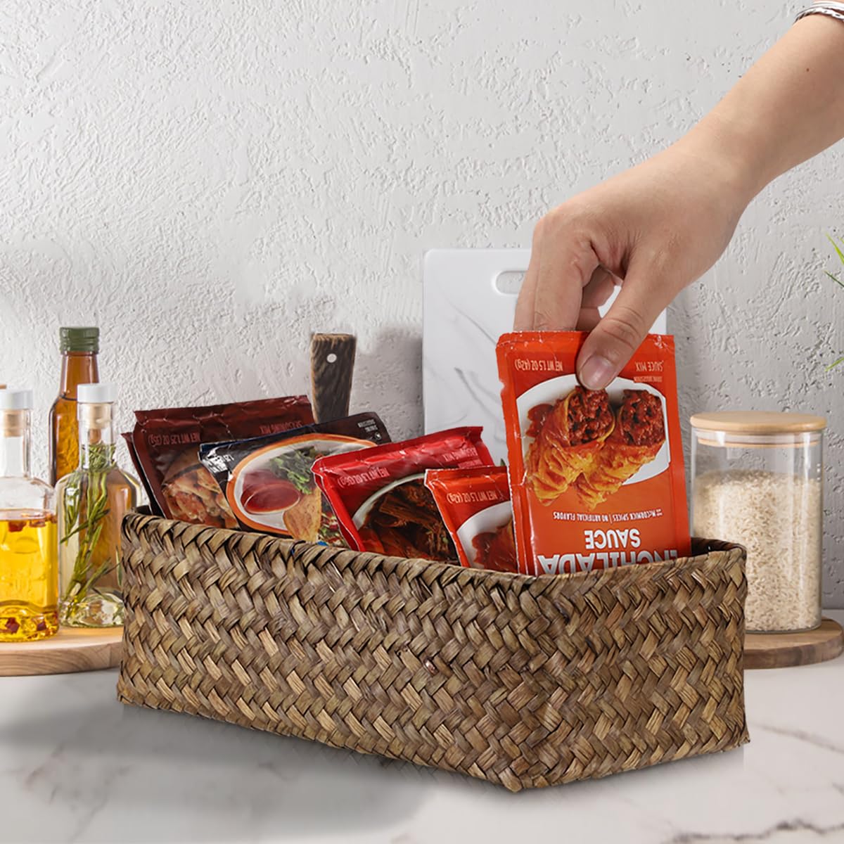 BSTKEY Seasoning Packet Organizer, Food Storage Organizer with 4 Compartments, Seagrass Woven Divided Basket for Kitchen Pantry Cabinet, Kitchen Organization Bin for Snacks Spice Packets