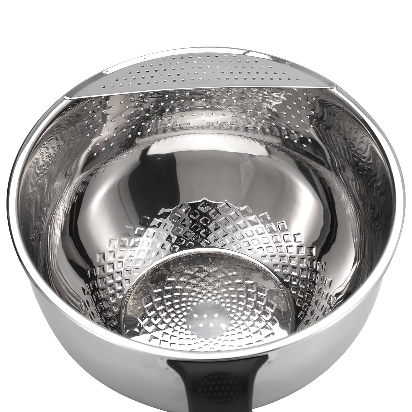 Rice Washer Strainer Bowl Quinoa Washing Bowl whit Handle Stainless Steel Colander Versatile Side Drainers for Cleaning Rinsing Fruits, Vegetables, and Beans - Tilting Non-slip Silicone Bottom