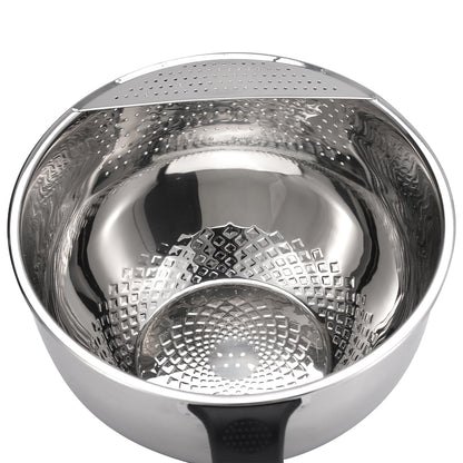 Rice Washer Strainer Bowl Quinoa Washing Bowl whit Handle Stainless Steel Colander Versatile Side Drainers for Cleaning Rinsing Fruits, Vegetables, and Beans - Tilting Non-slip Silicone Bottom
