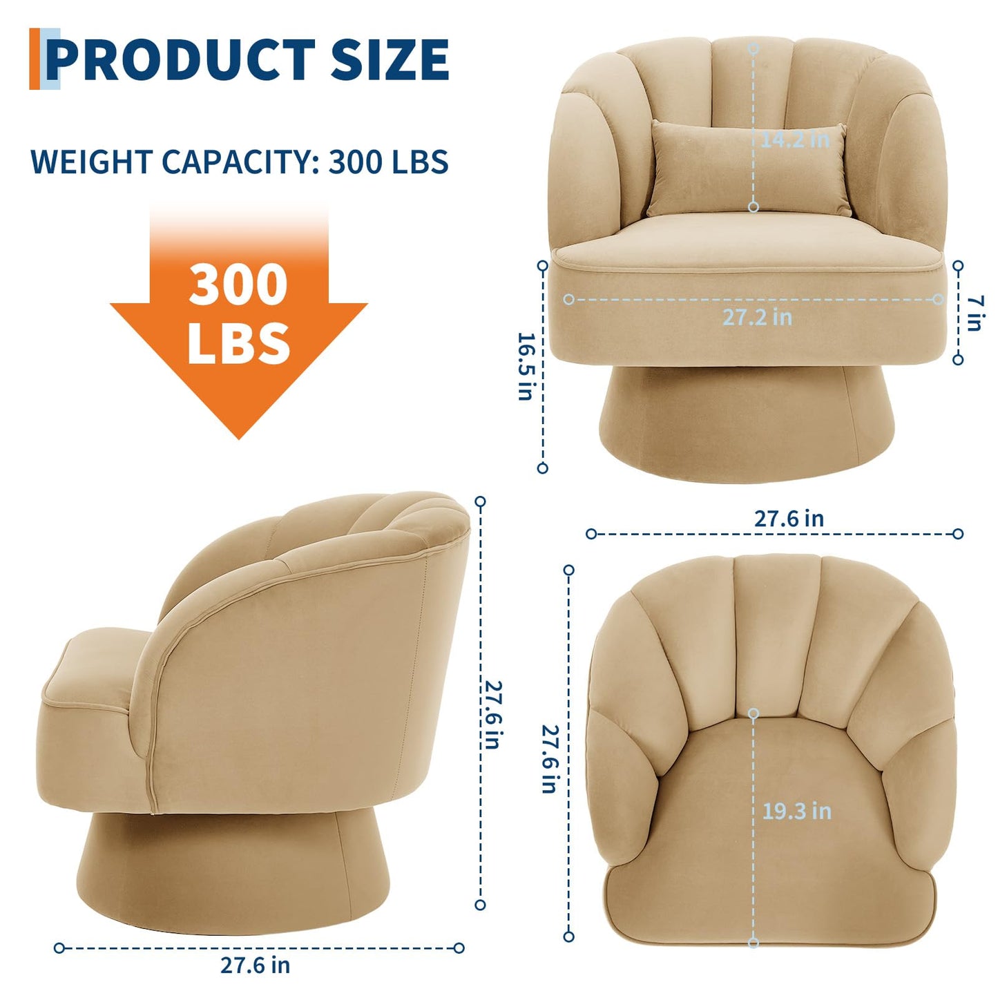 GarveeHome Modern 360° Swivel Velvet Barrel Accent Armchair – Striped Backrest & Plush Padding, Comfy Round Lounge Chair for Living Room, Bedroom, Reading Nook