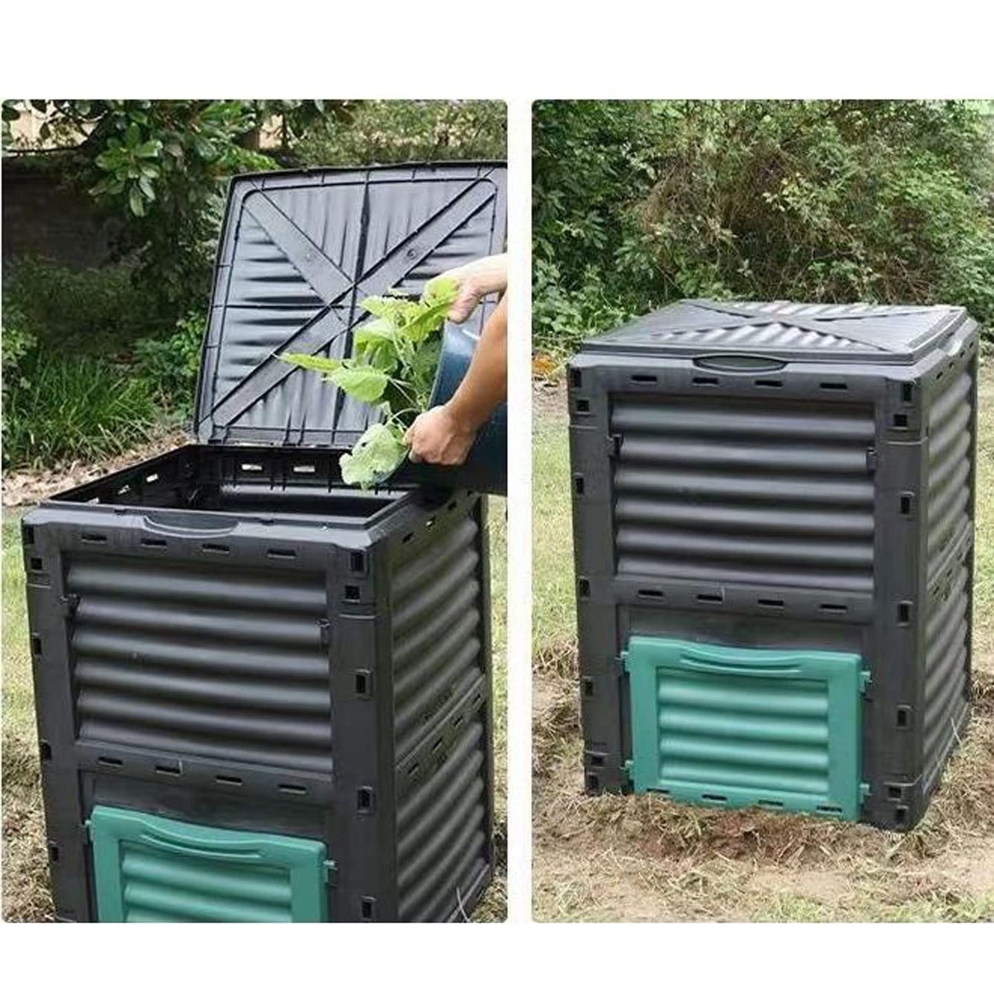 Kitchen Compost Bin,300L (80 Gallons) Compost Bin with 1kg Compost Accelerator, Large Outdoor Compost Bin with Top Top Exit Door Bottom BPA Free Material Grass Food Trash