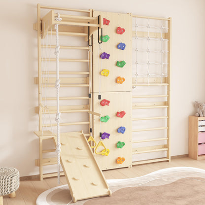 Cofiyard 9-in-1 Swedish Ladder Wall Gym & Climber, 94.5'' Wooden Wall-Mounted Climbing Set with Double-Sided Slide, Swing, Rope, Rings, Monkey Bars, Kids Indoor Playset, Wooden Climbing Jungle Gym