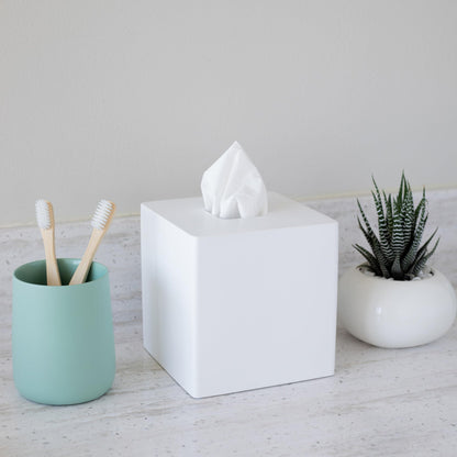 Yew Design Matte White Square Tissue Box Cover, Decorative Tissue Box Dispenser for Bathroom, Parlors, Office, Bedroom Dresser, Vanity Countertop, Nightstand, Car, and Desk