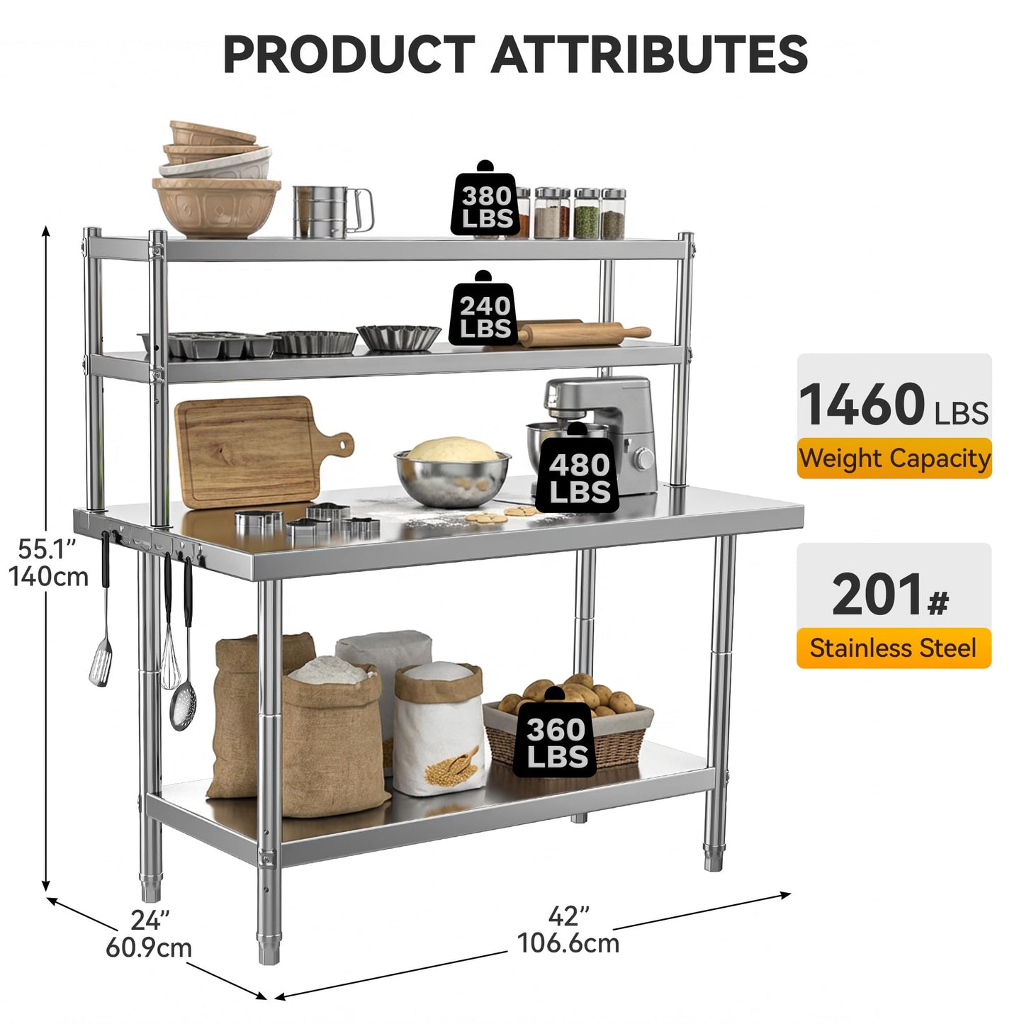 DWVO 42x24in Stainless Steel Table, NSF Metal Prep Worktable with Adjustable Overshelf for Kitchen Restaurant Hotel Garage Warehouse Home