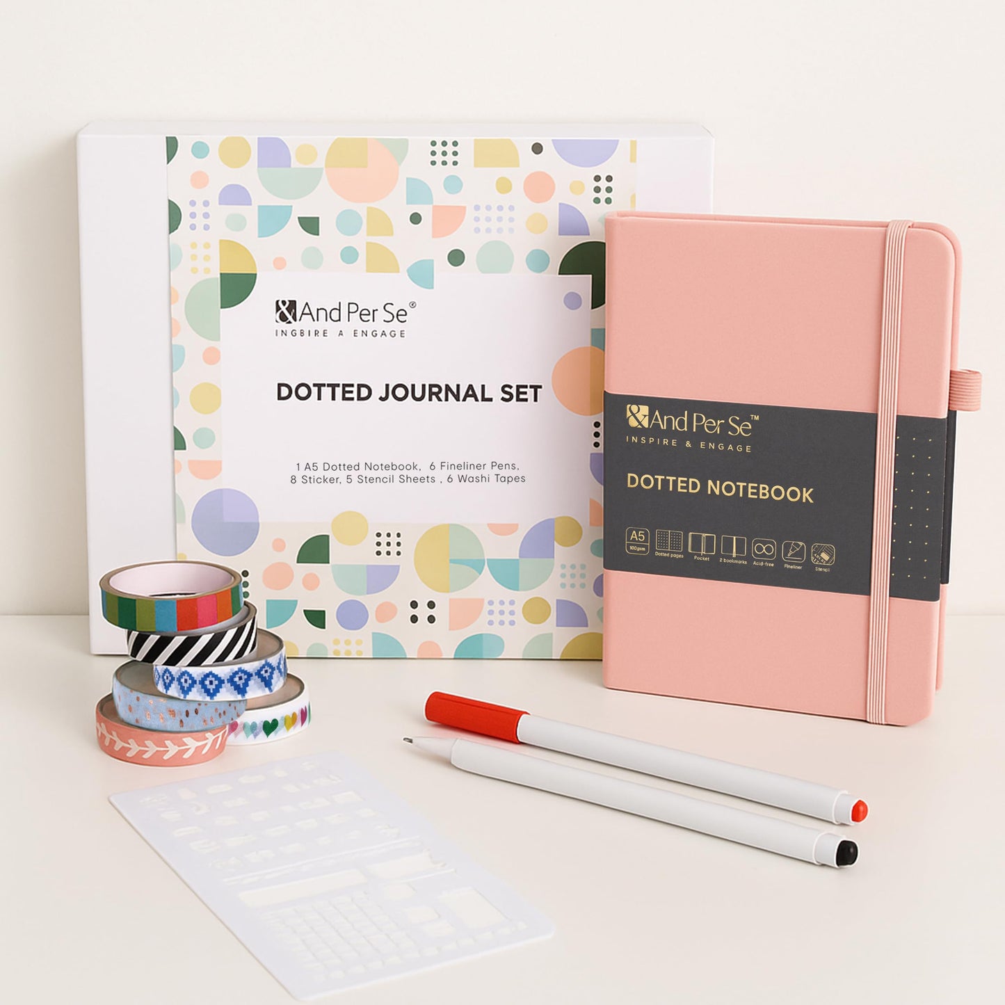 &And Per Se Dotted Journal Kit – Journaling set with Dotted Notebook, Stencils, Stickers, Washi Tapes & Colored Pens for Beginners (Pink)