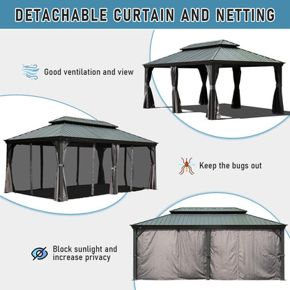 Ginkartu Hardtop Gazebo, Outdoor Gazebo with Galvanized Steel Double Roof, Aluminum Frame, Built-in Gutter System, Curtain and Netting, Metal Gazebo Pavilion for Patio Deck Garden, Grey