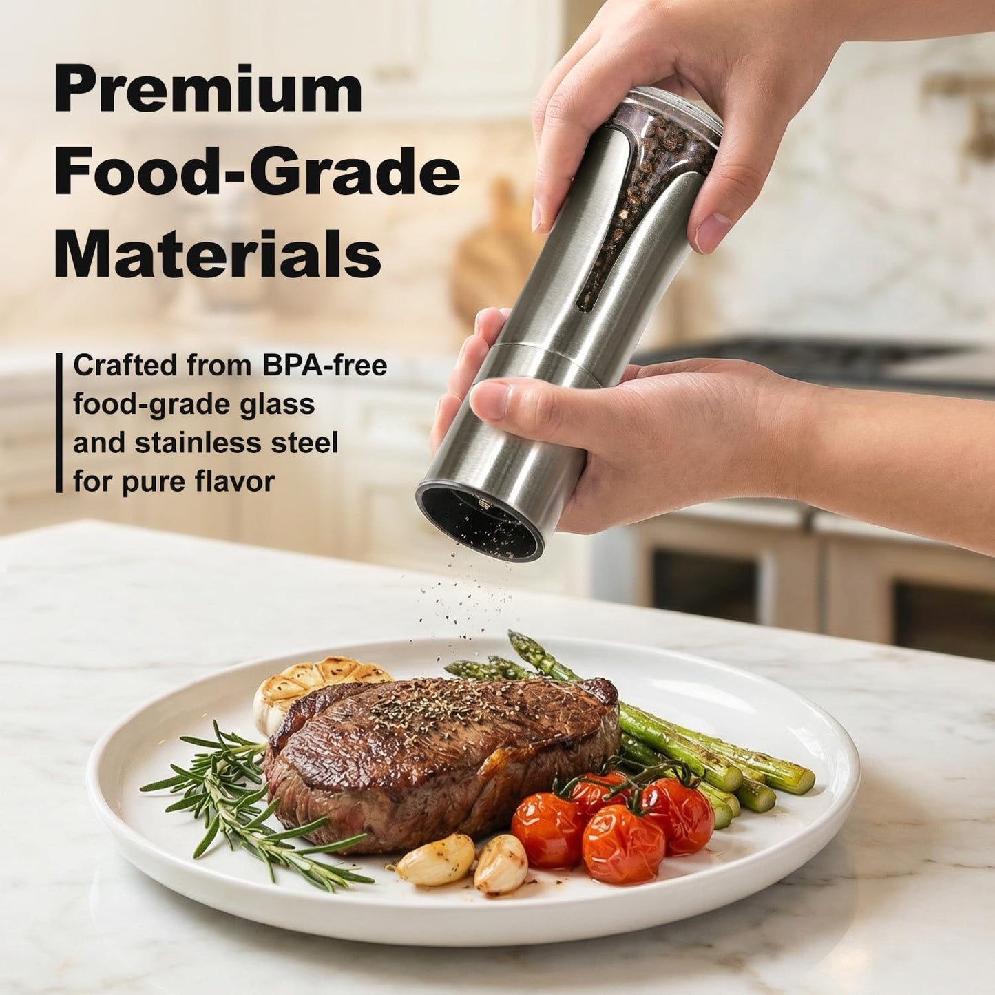 Aelga Salt and Pepper Grinder Set - Manual Pepper Mill with Adjustable Coarseness, Stainless Steel & Glass Salt Grinder Refillable for Kitchen & Dining Table