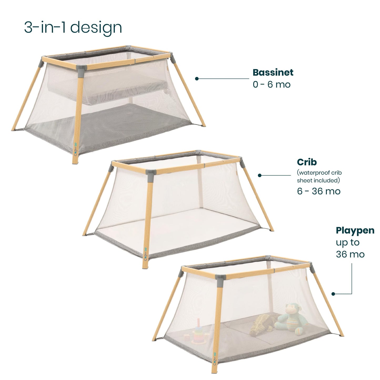 Tutti Bambini CoZee® Go 3-in-1 Foldable Baby Playpen, Portable Bassinet & Travel Crib | Playard with Mattress Included | Birth to 3 Years (Oak & Charcoal)