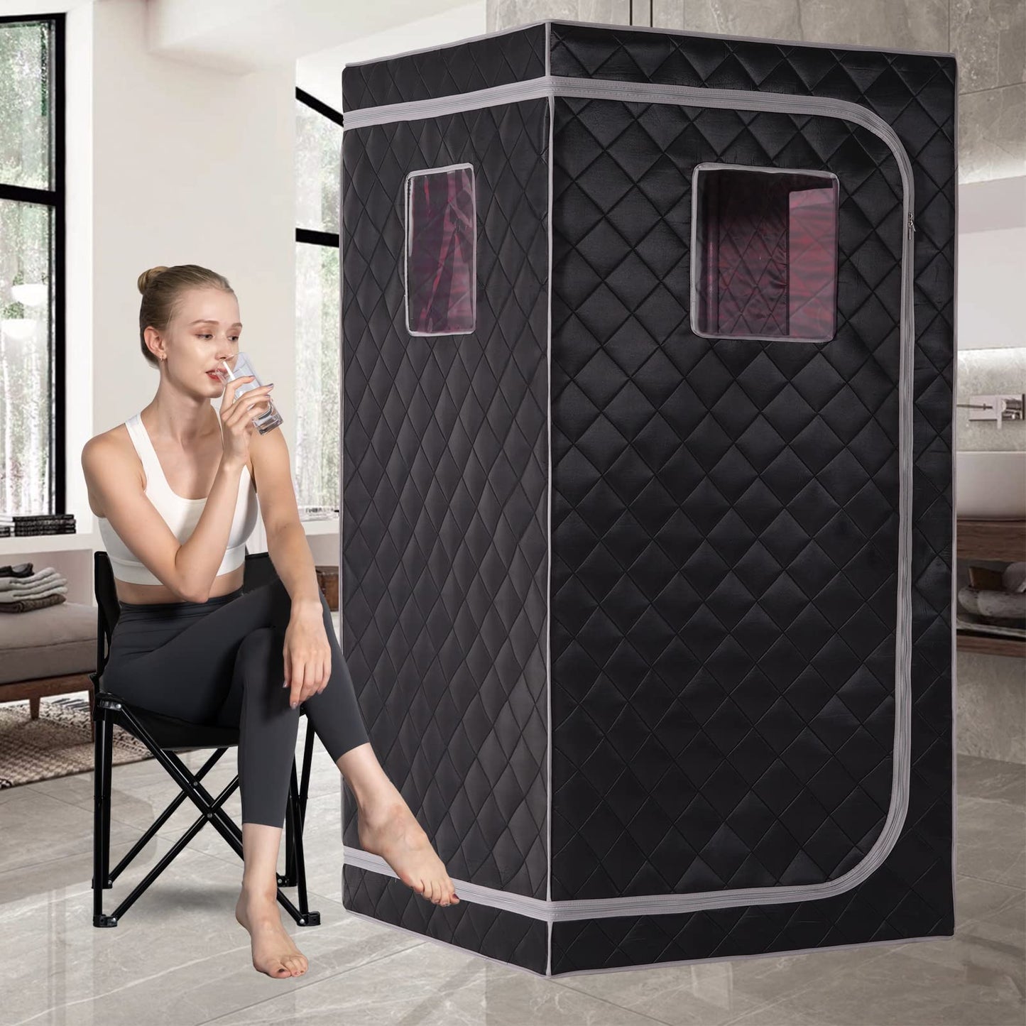 Smartmak Portable Infrared Home Sauna, Full Size Personal Sauna Spa, Indoor Saunas with Heating Foot Pad and Upgraded Chair for Relaxation（33.9" L*33.9" W*66.6" H, BlackGrey）