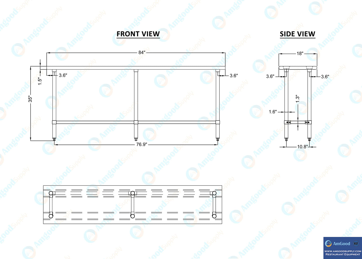 AmGood Stainless Steel Work Table Open Base | NSF Kitchen Island Food Prep | Laundry Garage Utility Bench (84" Long X 18" Deep)