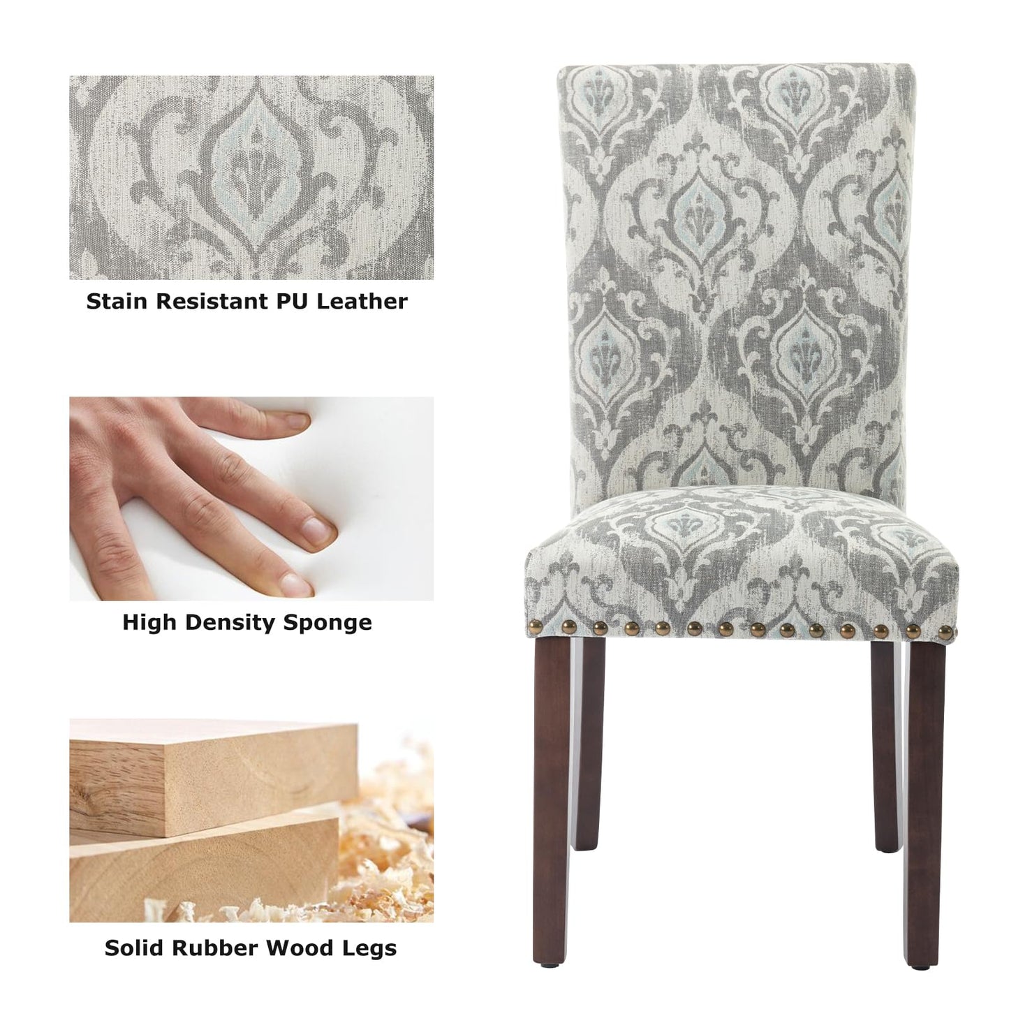 COLAMY Upholstered Parsons Dining Chairs Set of 4, Fabric Dining Room Kitchen Side Chair with Nailhead Trim and Wood Legs - Grey/White Flower