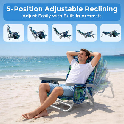 5-Position Backpack Beach Chair for Adults with Lumbar, Foldable Tall Heavy-Duty Beach Chairs with Cooler Bag,Cup Holder,Towel Rack for Beach, Camping, Outdoor