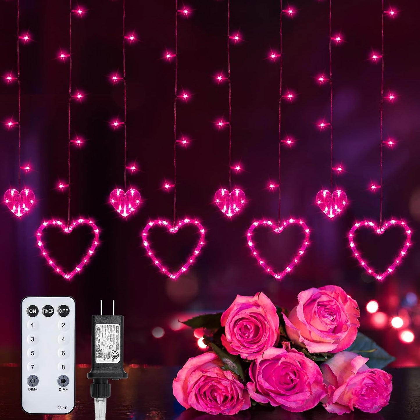 12 138 8 Valentines Day Decor, Pink Love Heart String Lights for Bedroom, Hearts LED Fairy Twinkle Lights with Remote