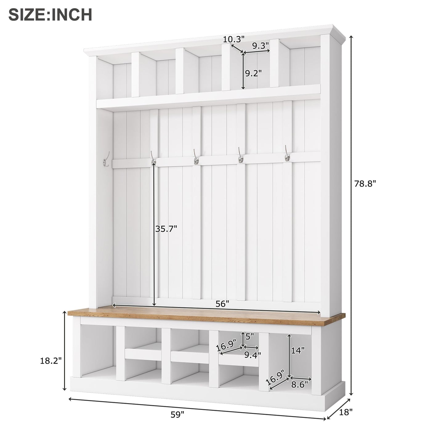 Farmhouse Wood Hall Tree with Bench and Shoe Storage, 5-in-1 Coat Rack with 6 Hooks for Entrance, Hallway White