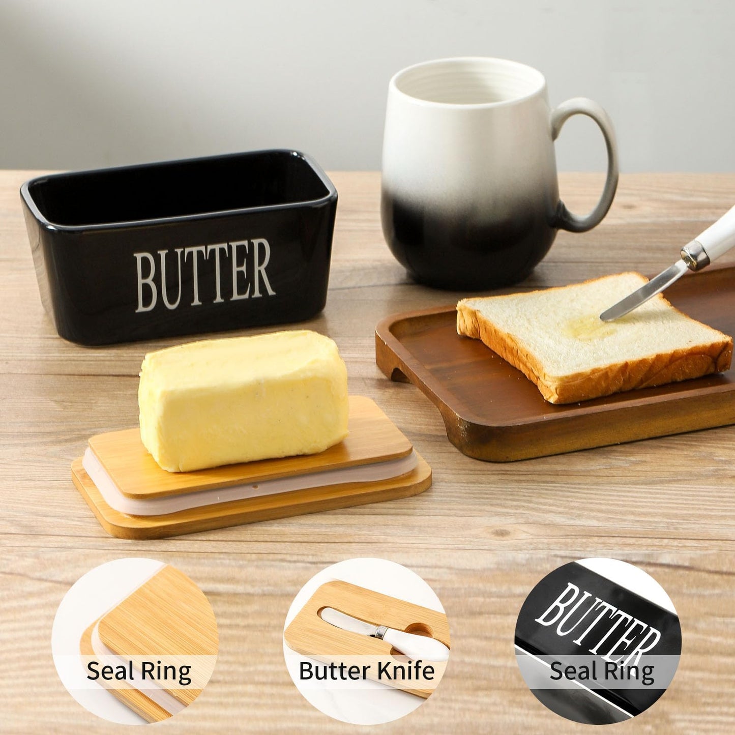 Hasense Butter Dish with Lid, Ceramic Butter Dish with Knife for Countertop, Airtight Covered Butter Keeper Container, Large Black Butter Holder for Refrigerator,Black