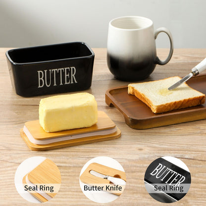 Hasense Butter Dish with Lid, Ceramic Butter Dish with Knife for Countertop, Airtight Covered Butter Keeper Container, Large Black Butter Holder for Refrigerator,Black