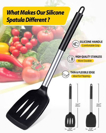 Pack of 2 Silicone Solid Turner, Non Stick Slotted Kitchen Spatulas, High Heat Resistant BPA Free Cooking Utensils, Ideal Cookware for Fish, Eggs, Pancakes(Black)