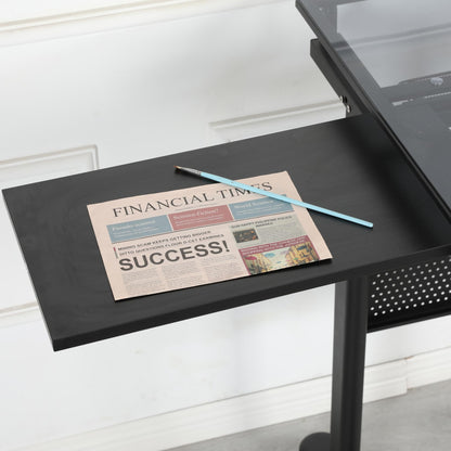Hand Crank Adjustable Drafting Table Drawing Desk with 2 Metal Drawers (Black) with Stool