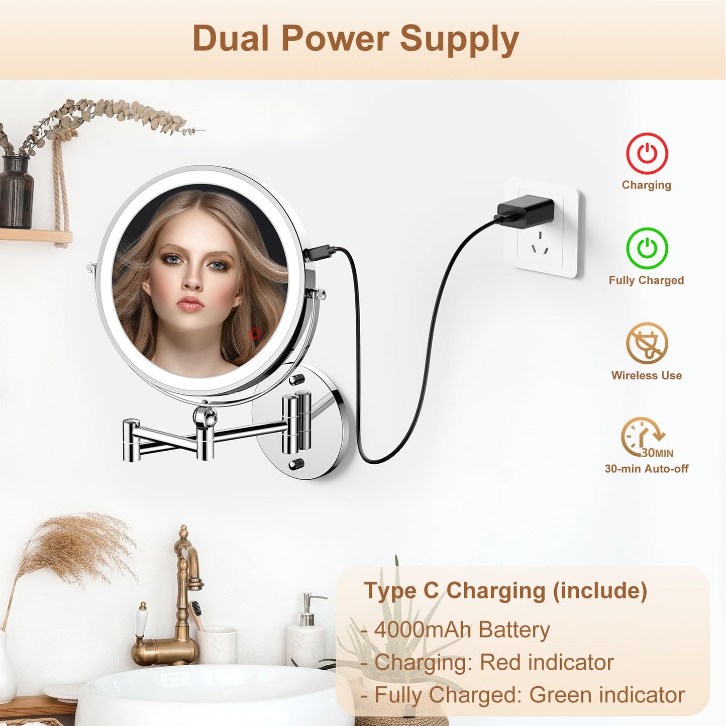 9" Wall Mounted Lighted Makeup Mirror,4000mAh Rechargeable Double Sided 1X/10X Magnifying Mirror with Light,Touch Dimmable,Extended Arm 360 Rotation Wall Mounted Makeup Mirror 3 Color Lights-Black