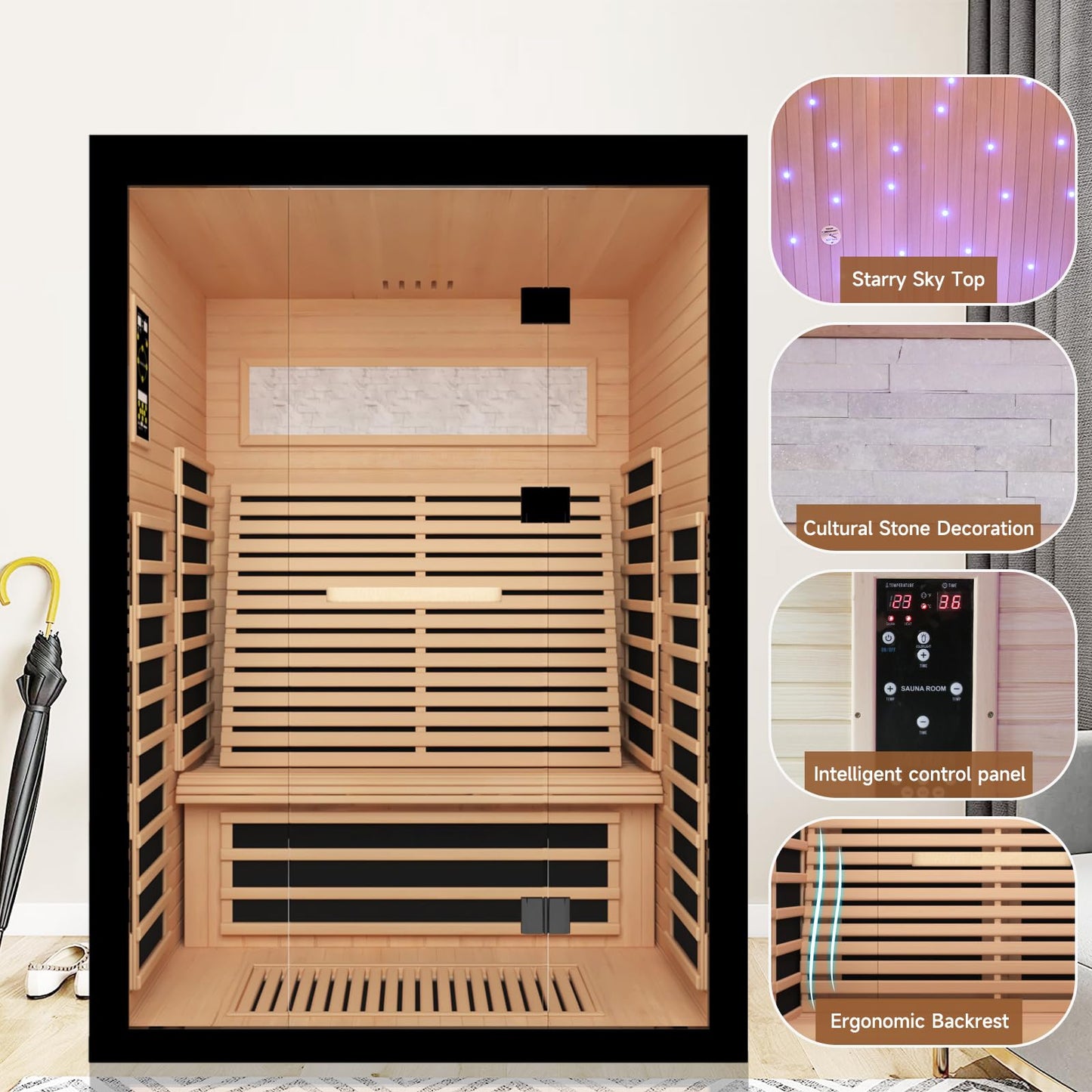 OUTEXER Sauna for 2 Person Far Infrared Saunas 2100W 120V Room Home Canadian Hemlock Indoor Low-EMF Dry Saunas with with Oxygen Bar 7 Color Light 53.1 * 47.2 * 74.8inch