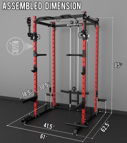 Eonfit E2 Power Cage with 3D Rotation Arms - Multi-Functional Power Rack for Home Gym. 1500lb Squat Rack for Home Gym. Pulley System for Cable Crossover & LAT Pulldown (RED, PRO)