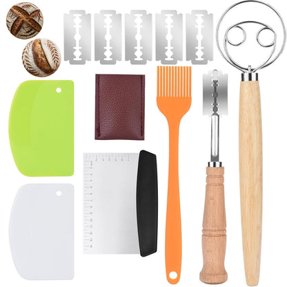 Jierjiaas Danish Dough with Sourdough Scoring Tool-Bread Whisk Set of 6 Pieces-Dough Hook,Dutch Whisk,Bread Lame,Bench Scraper & Pastry Brush Bread Making Tools and Baking Supplies