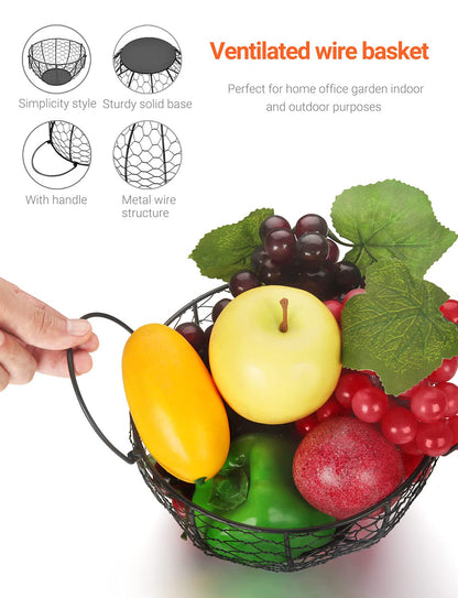 WILLIZTER Round Wire Basket Black Fruit Basket Bowl Fruit Holder for Kitchen with Handle Black Home Storage for Vegetables, Snacks, Household Items Decor