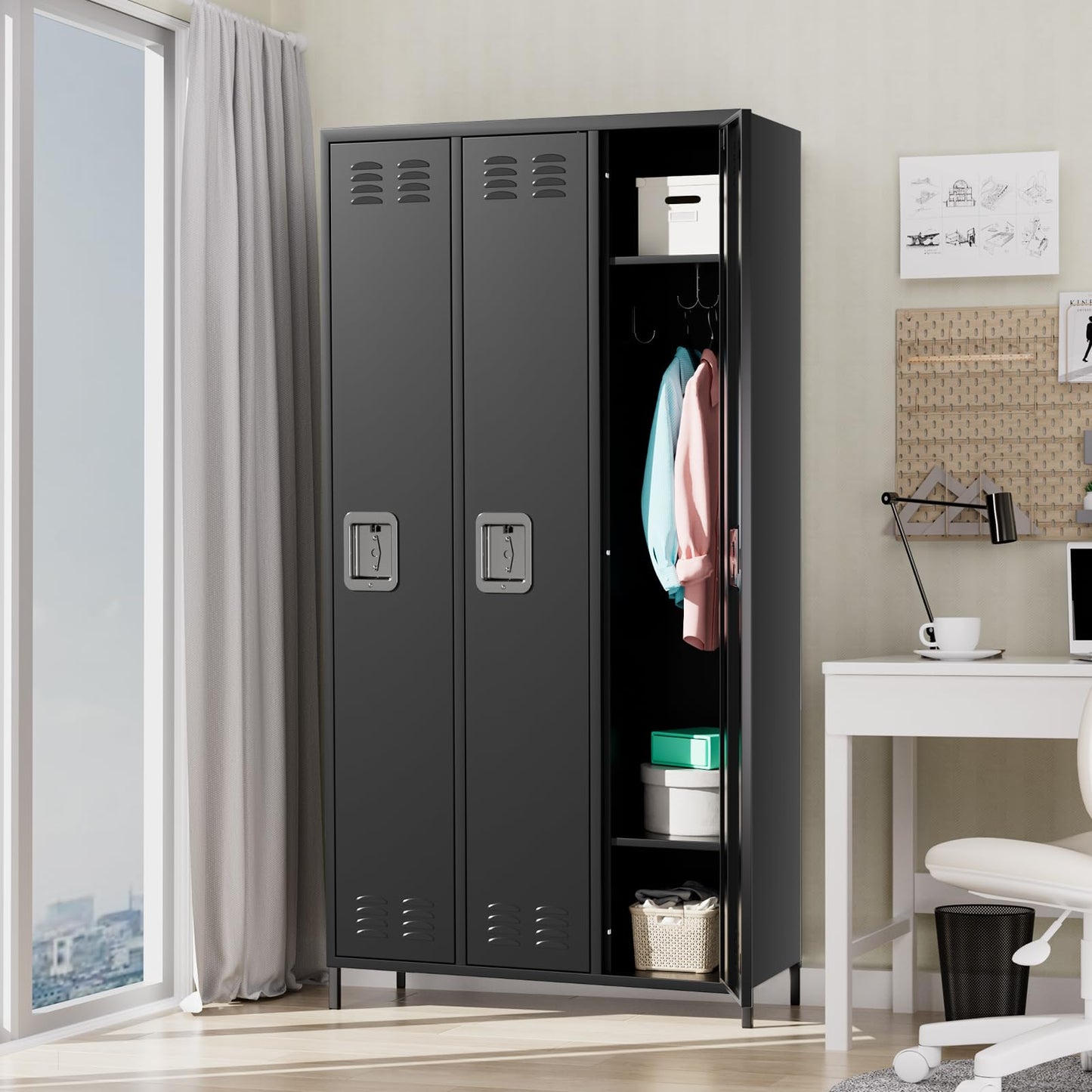 GarveeTech Metal Storage Locker with 3 Doors, Metal Locker for Employees with 9 Hooks for Garage School Office Gym Home, Assembly Required, Black
