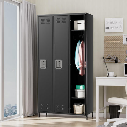 GarveeTech Metal Storage Locker with 3 Doors, Metal Locker for Employees with 9 Hooks for Garage School Office Gym Home, Assembly Required, Black