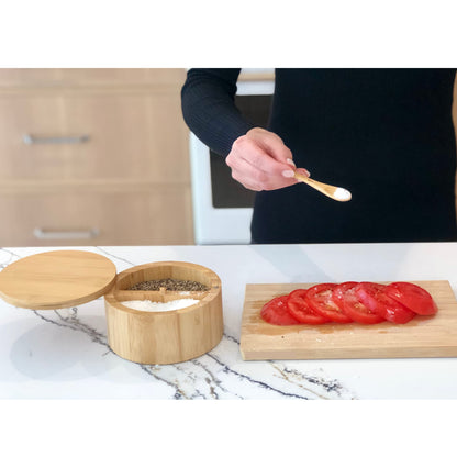 Bamboo Salt and Pepper Box - 2 Compartment - Built-in Serving Spoon - Swivel Lid with Magnet to Keep Dry, Dust-free - Salt Cellar Seasoning Container Holder Bowl- Divider with 7 Ounce Capacity