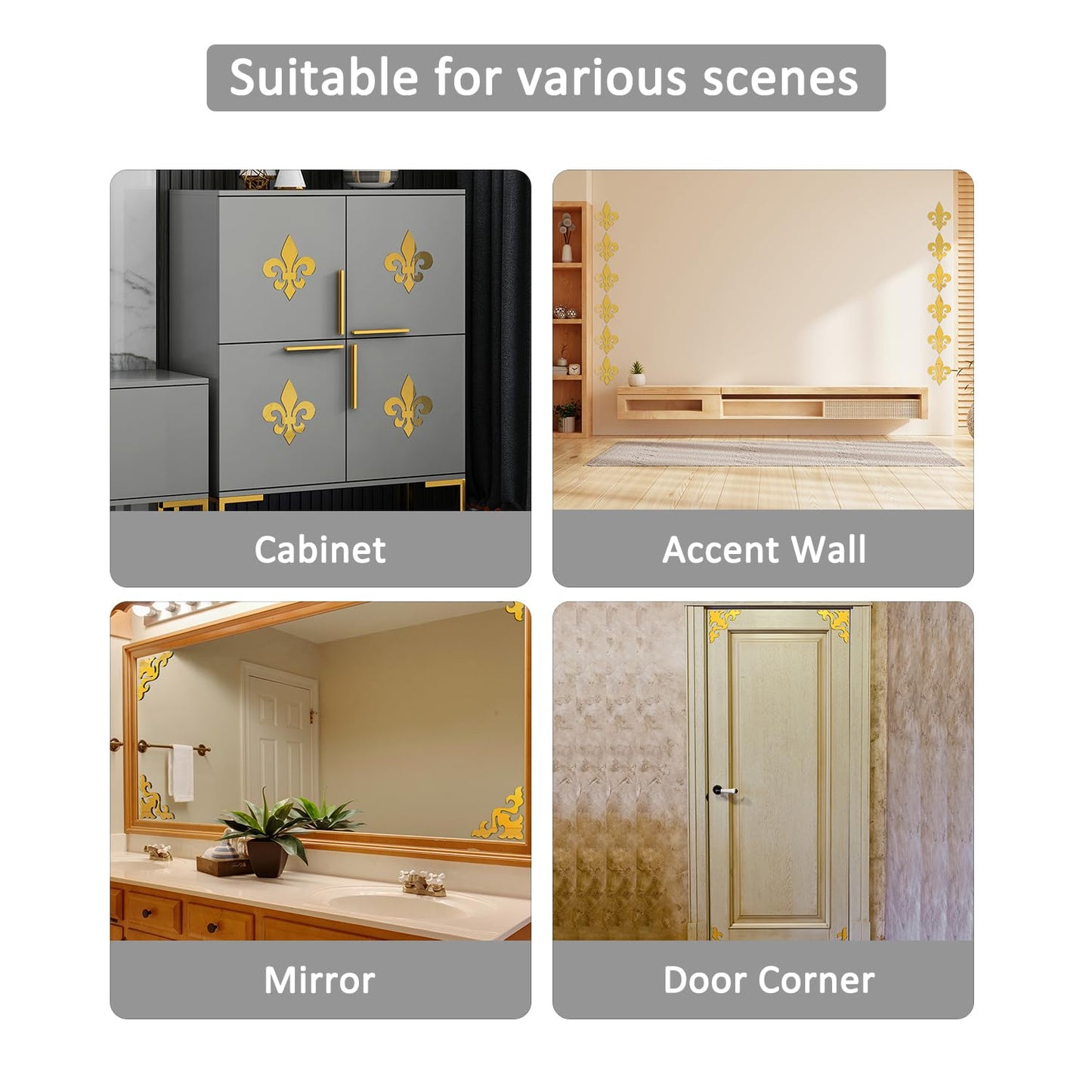 funlife Hollow Self Adhesive Mirror Wall Stickers, Small Plastic Gold Mirror with Adhesive Back for Home Cabinet Wall Decor 3.94" X 3.94" 16 PCS Corner Onlay Applique Pattern-Mirror