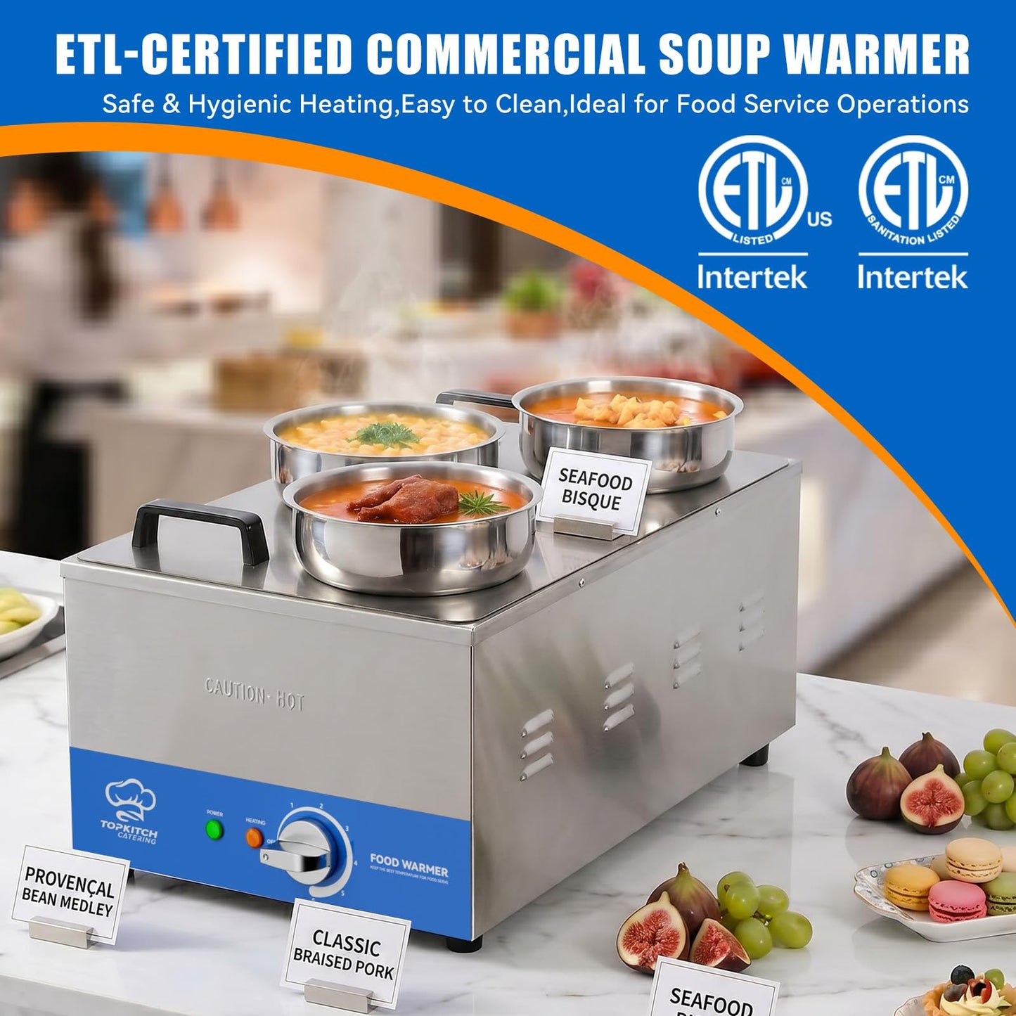 TOPKITCH ETL Listed Commercial 12L Soup Warmer with 3×4L Pot Buffet Bain Marie,Commercial Electric Food Warmer-120V 200W, Seamless One-Piece Tank, 30-85℃ Adjustable Temp Range.