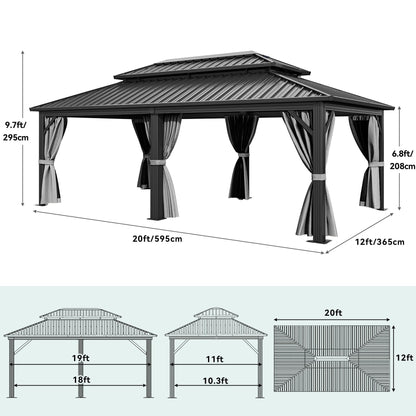 YITAHOME 12x20ft Hardtop Gazebo with Nettings and Curtains, Heavy Duty Double Roof Galvanized Steel Outdoor Combined of Vertical Stripes Roof for Patio, Backyard, Deck, Lawns, Gray