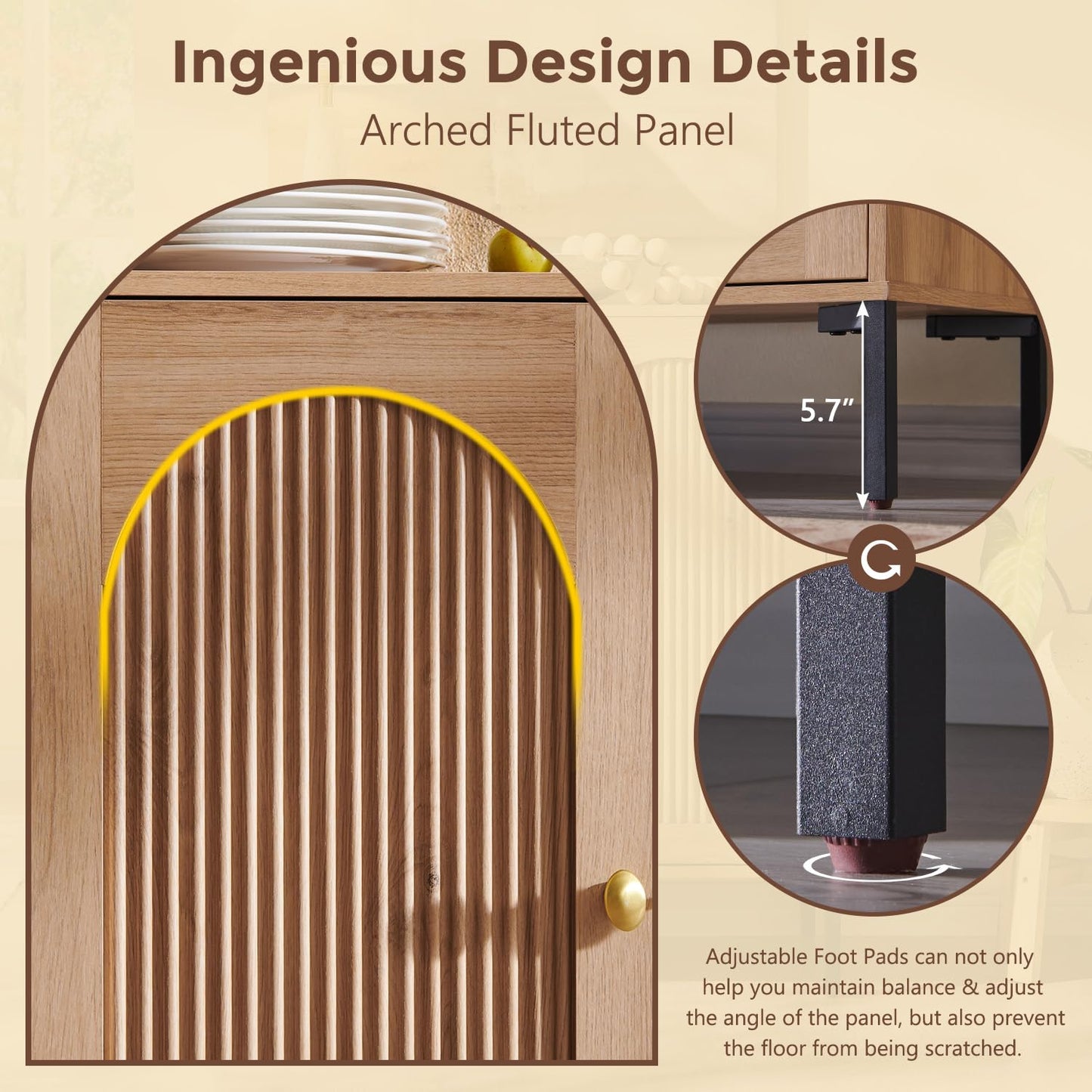 IFGET Modern Buffet Cabinet with Storage, 92.63" W Fluted Arched Sideboard Cabinet w/Adjustable Shelves, Wooden Modular Coffee Bar for Dining Room, Kitchen, Living Room, Entryway, Natural