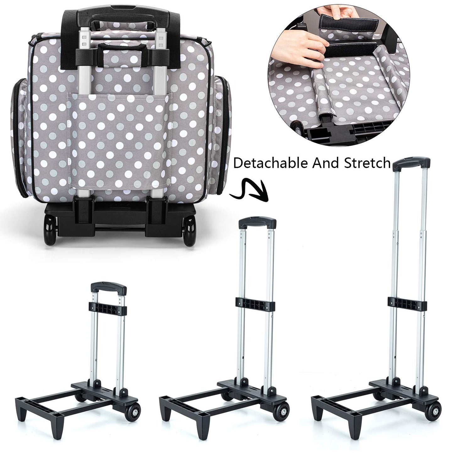 LUXJA Sewing Machine Case with Detachable Dolly, Sewing Machine Tote with Removable Bottom Pad (Patent Design), Gray Dots