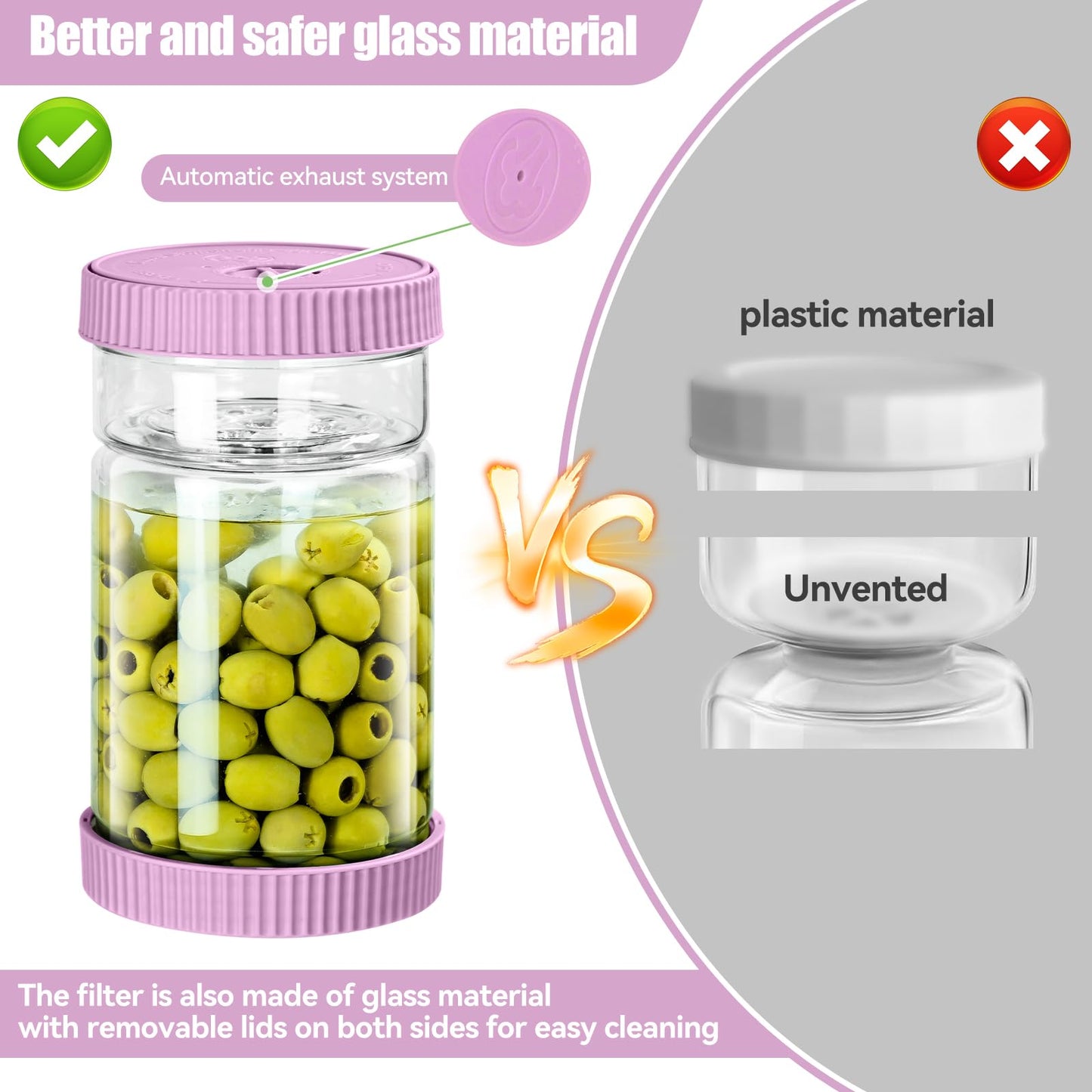 LIVSGNISTA Upgraded 40oz Glass Pickle Jar with Time Tracker–Pickle Container with Strainer Flip Leak-Proof,Auto Venting,Easy Clean Design Hourglass Pickle Juice Separator(Purple)