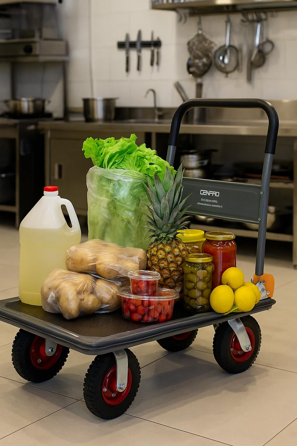 Commercial Heavy Duty Platform Truck, 600 lb. Capacity Big Wheel Flatbed Cart, Pneumatic Casters, Folding Handle Design