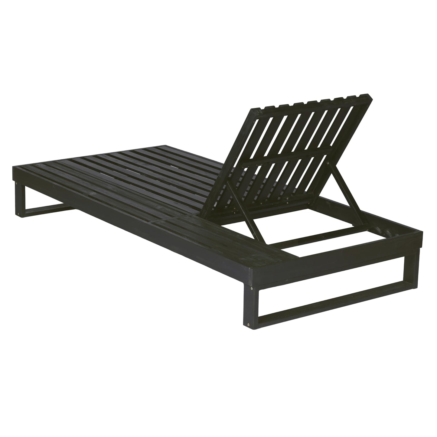 Merax 2 Piece Black Acacia Wood Chaise Lounge with 4-Inch Beige 4-Fold Cushion Set, Adjustable Outdoor Patio Lounger with Flat Side Surface, for Poolside