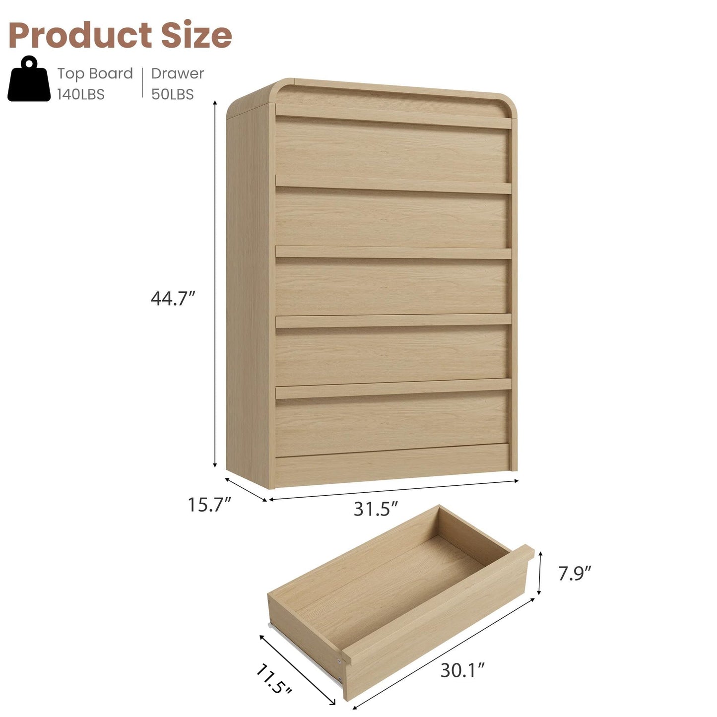 Garvee 5 Drawer Dresser for Bedroom, 45" Tall Wooden Dressers with Curved Profile Design, Mid Century Chest of Drawers Closet Clothes Storage Organizer for Living Room, Entryway, Nursery, Natural