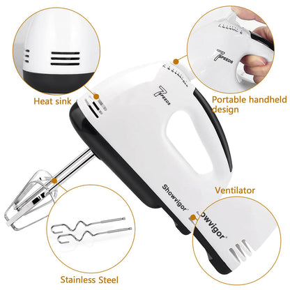 Showvigor Electric Hand mixer - 7 Adjustable Speed 180W Handheld Mixer Electric Whisk with 5 Stainless Steel Accessories, Turbo Boost/Self-Control Speed + Eject Button Food Beater for Cakes Eggs