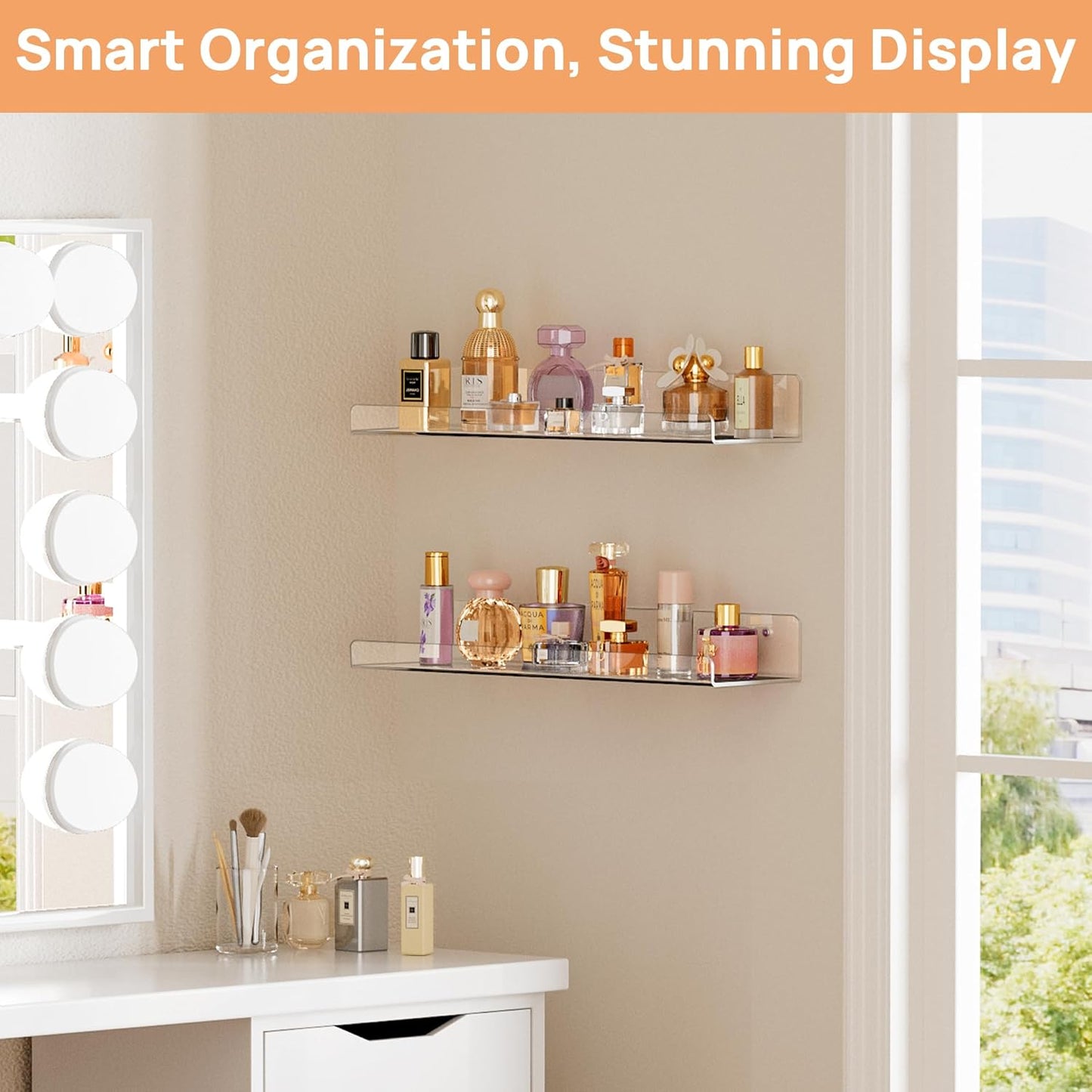 15" 2 Pack upsimples Acrylic Shelves for Bathroom Storage, Floating Shelves Wall Organizer for Perfume, Make up