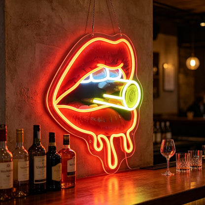 Red Lips Neon Sign, Dimmable LED Sign for Wall Decor, Sexy Lips Light Up Sign for Bedroom Makeup Room Bar Club Party, 15.9 x 12.6" Vibrant UV Print Acrylic Art Neon Lights for Wall, USB Powered