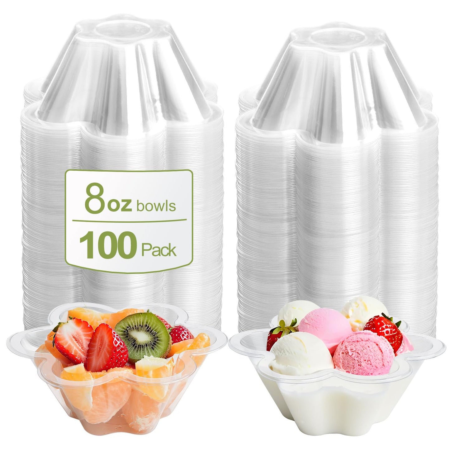 Clear Bowls, 100 PCS Ice Cream Cups, Christmas Candy Bowl, Small Disposable Clear Appetizer Serving Cup for Dessert Cake Snack Sundae Salad Nuts Snack for Party Favor Wedding Flower Shape (8OZ)