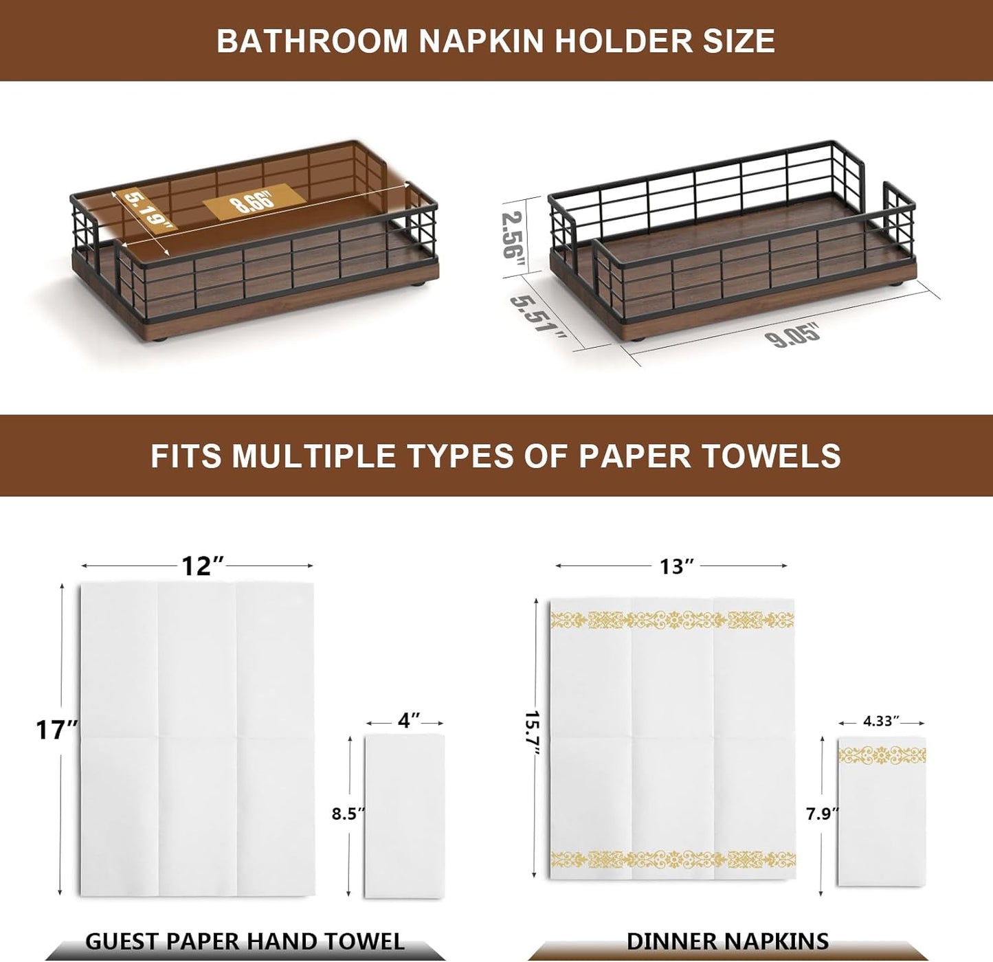 Guest Towel Holder Tray for Bathroom, Oak and Iron Napkin Holder for Powder Room, Black & Walnut
