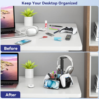 KDD Dual Controller Holder with Headphone Stand - Multi-Functional Desk Storage Box with Phone Holder - Universal Controller Stand with Desktop Organizer for Remote Control Pen Accessories