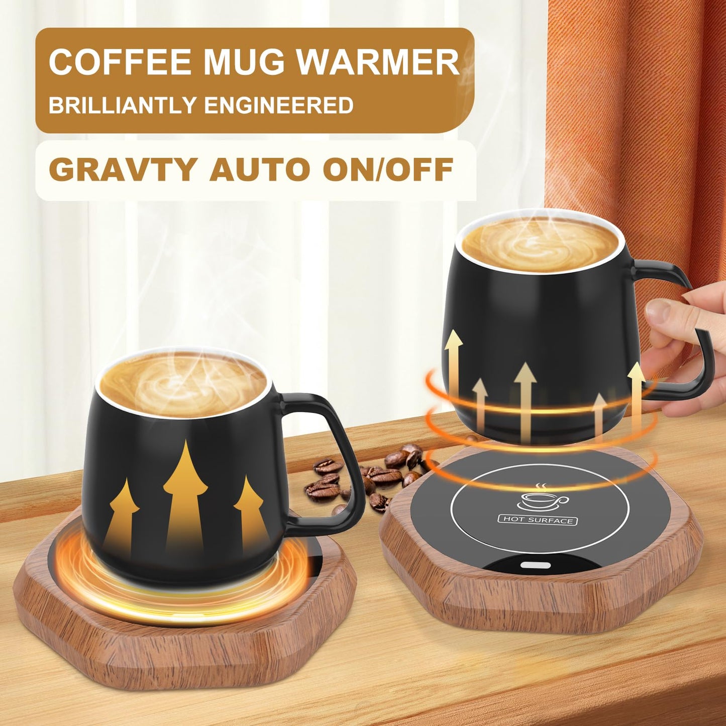 Coffee Mug Warmer for Desk - Wooden Auto Shut Off Drink Warmer for Milk Tea Water Cocoa - Smart Beverage Heating Candle Wax Plate - Hexagonal